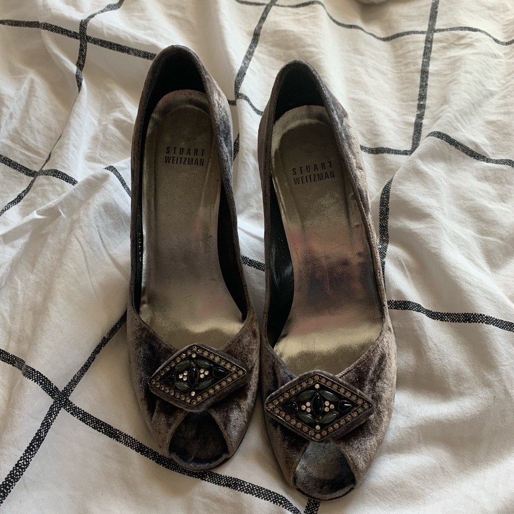 Grey Suede Stuart Weitzman Heels with Jewels